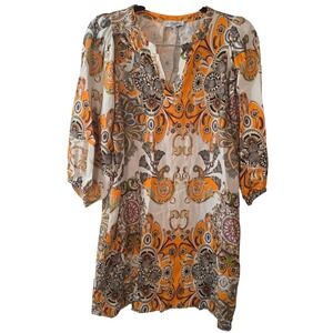 Le Ragazze Italy Linen Blend Paisley Medallion V-Neck Orange Tan Dress Large